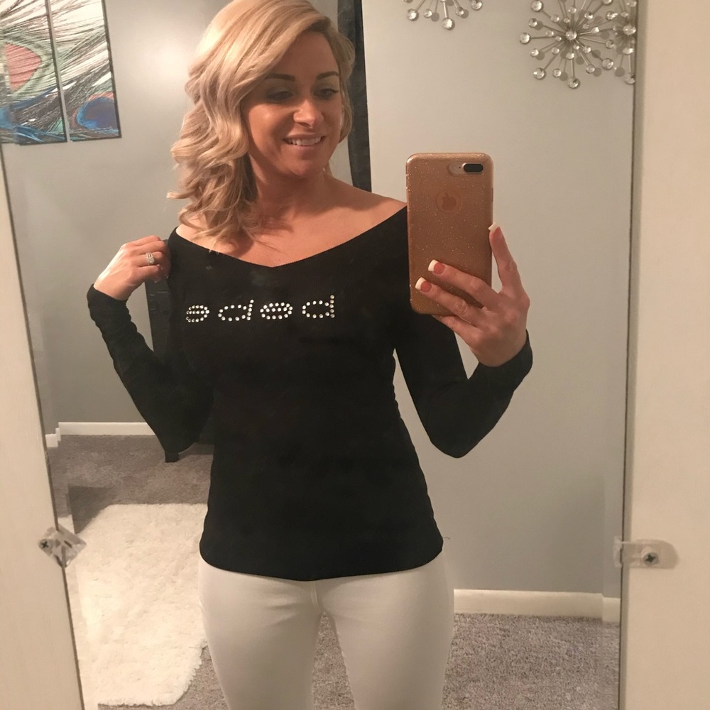 Bebe Long Sleeved Ribbed Logo Rhinestone Top